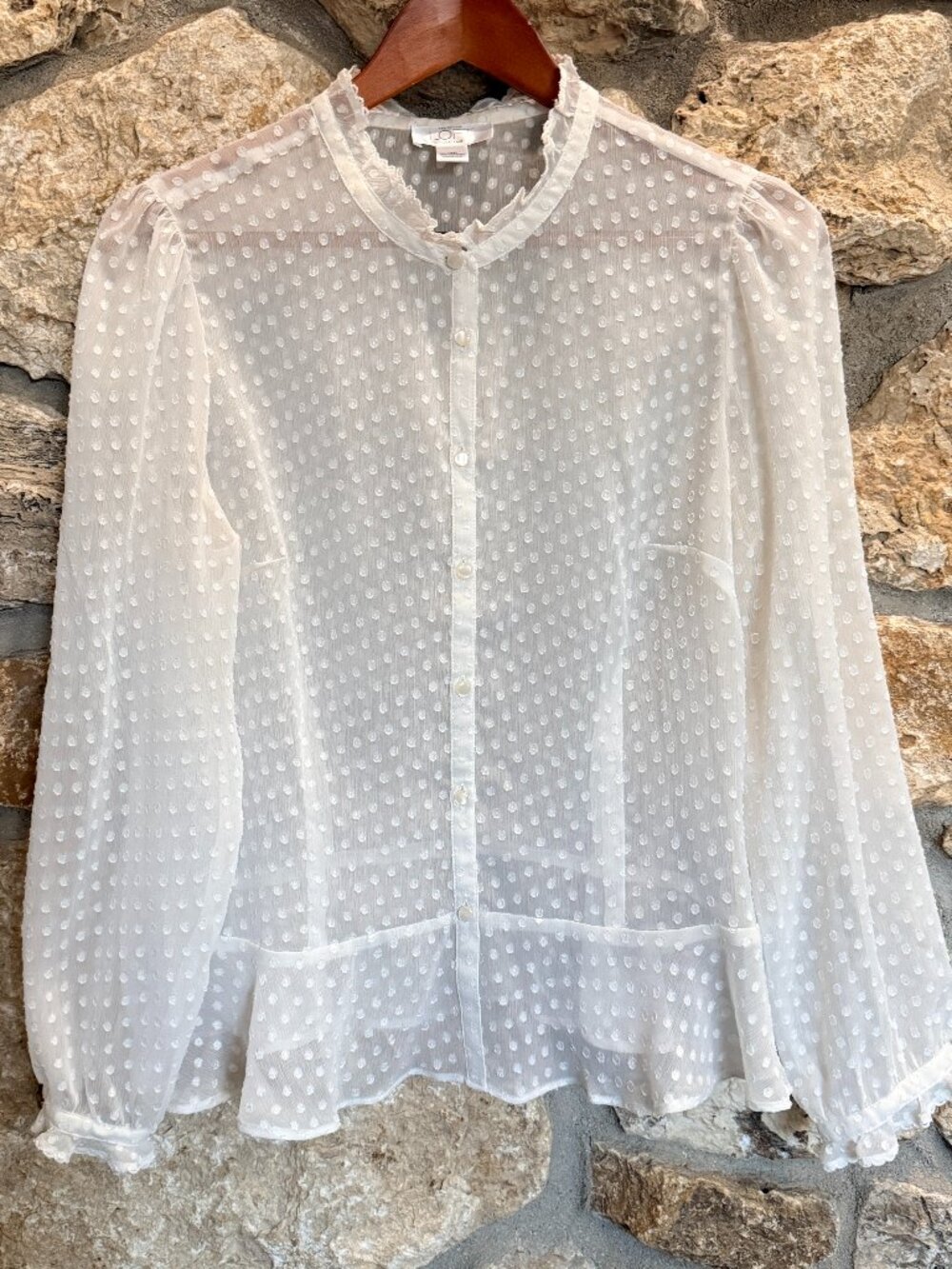 Ivory Cream Swiss Dots Button Up Blouse Peplum Ruffle Collar Cuffs Petite 14